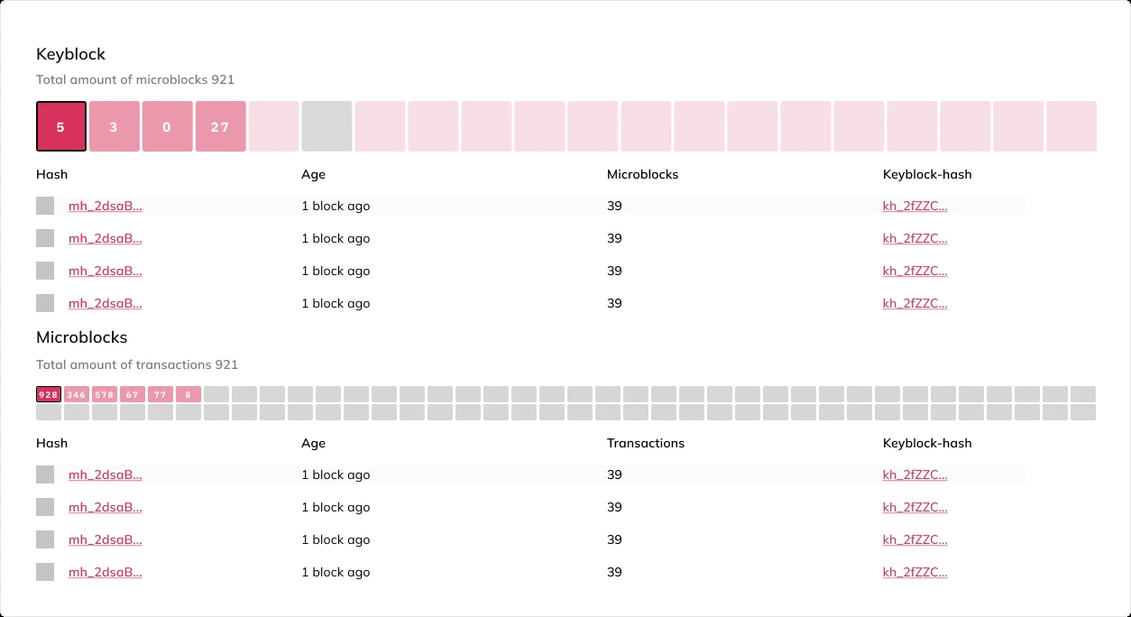 AEscan: keyblock and microblock views with hashes and transaction counts