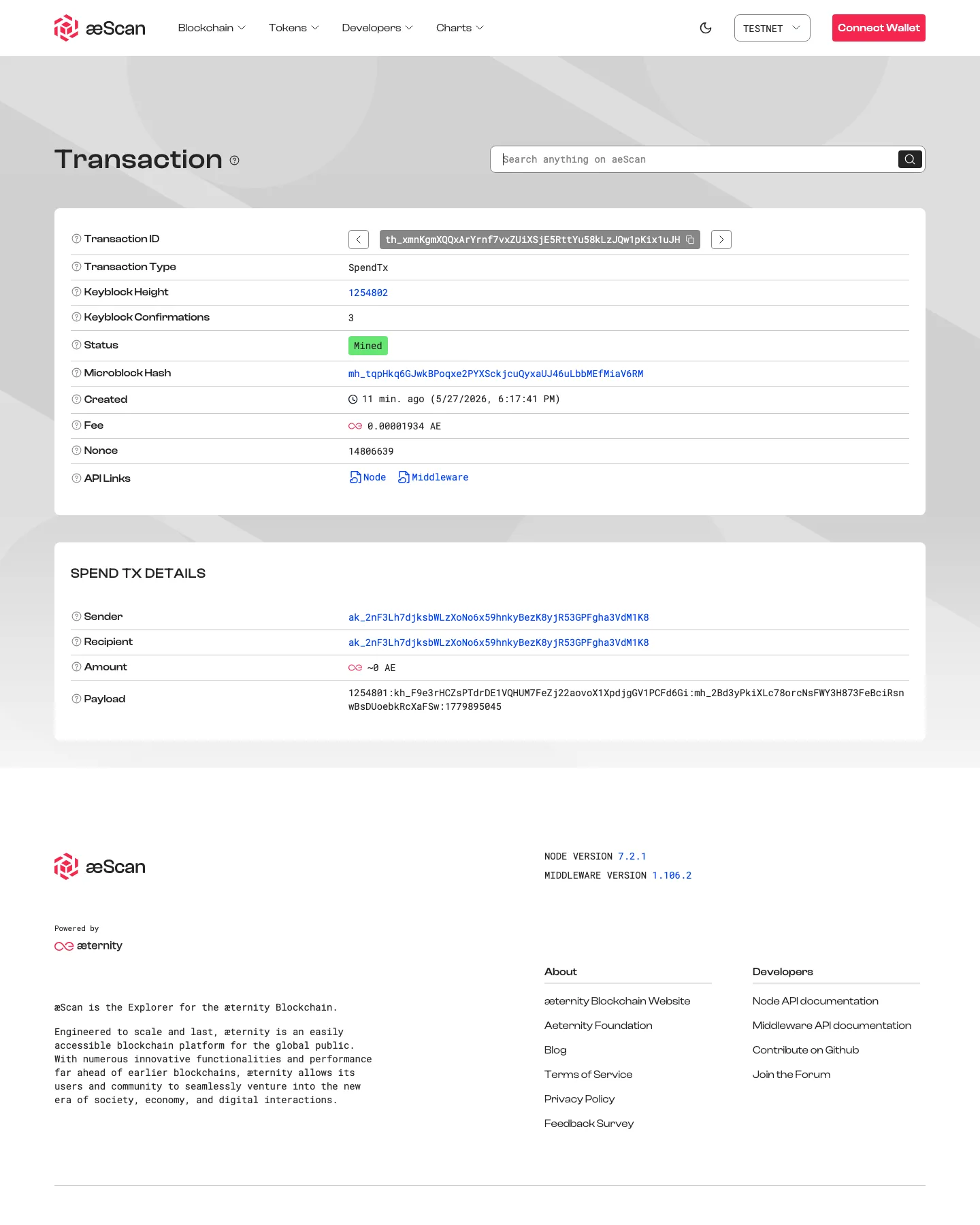 AEscan: transaction detail page with human-readable summary over raw chain data