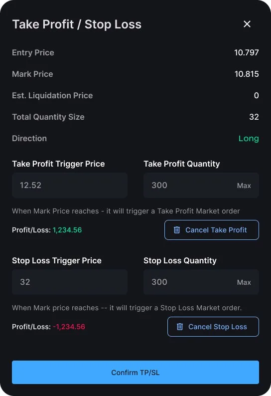 Helix Exchange: set TP / SL (modal)