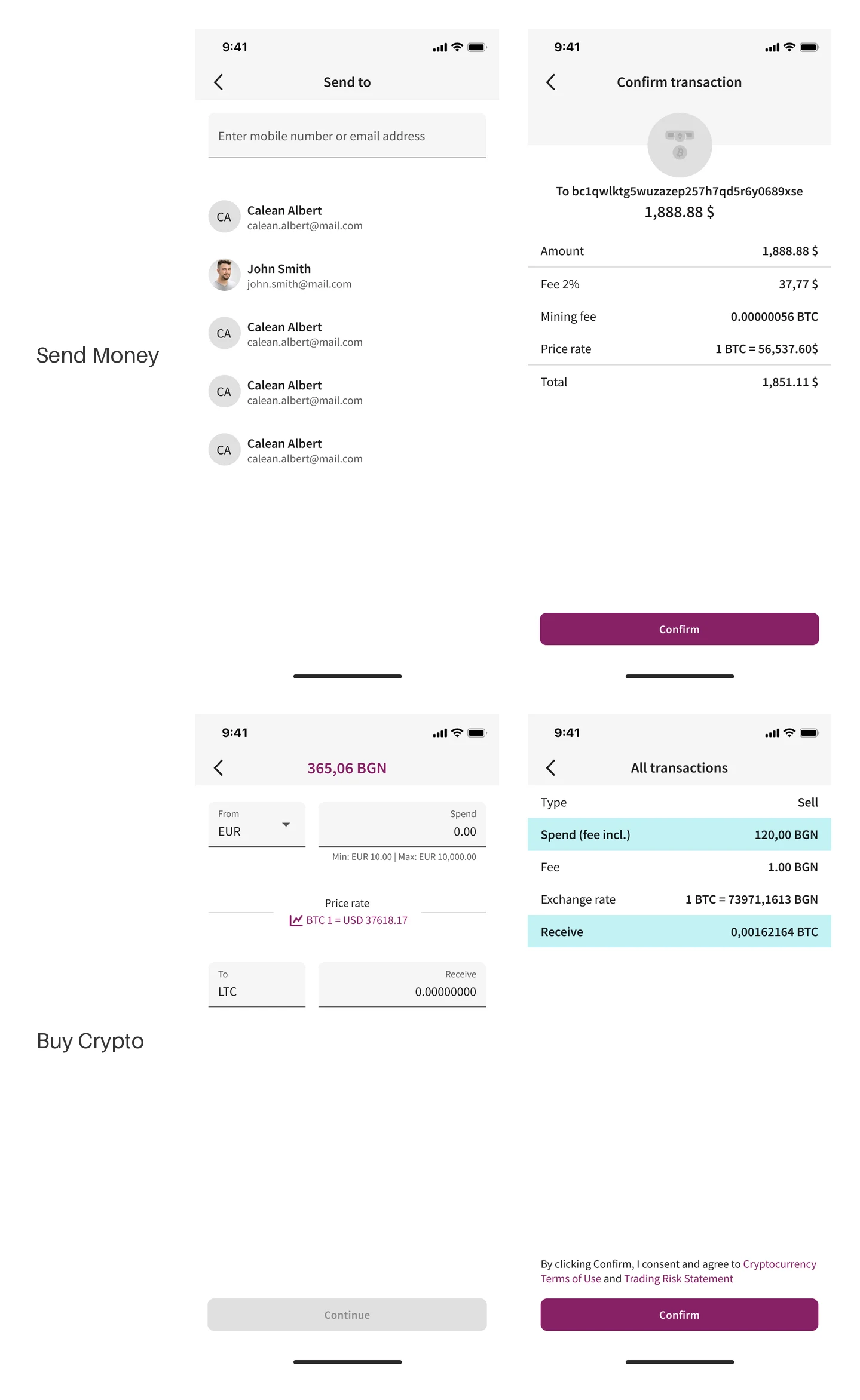 Send Money flow versus Buy Crypto flow: contacts and confirmation screens show the shared patterns