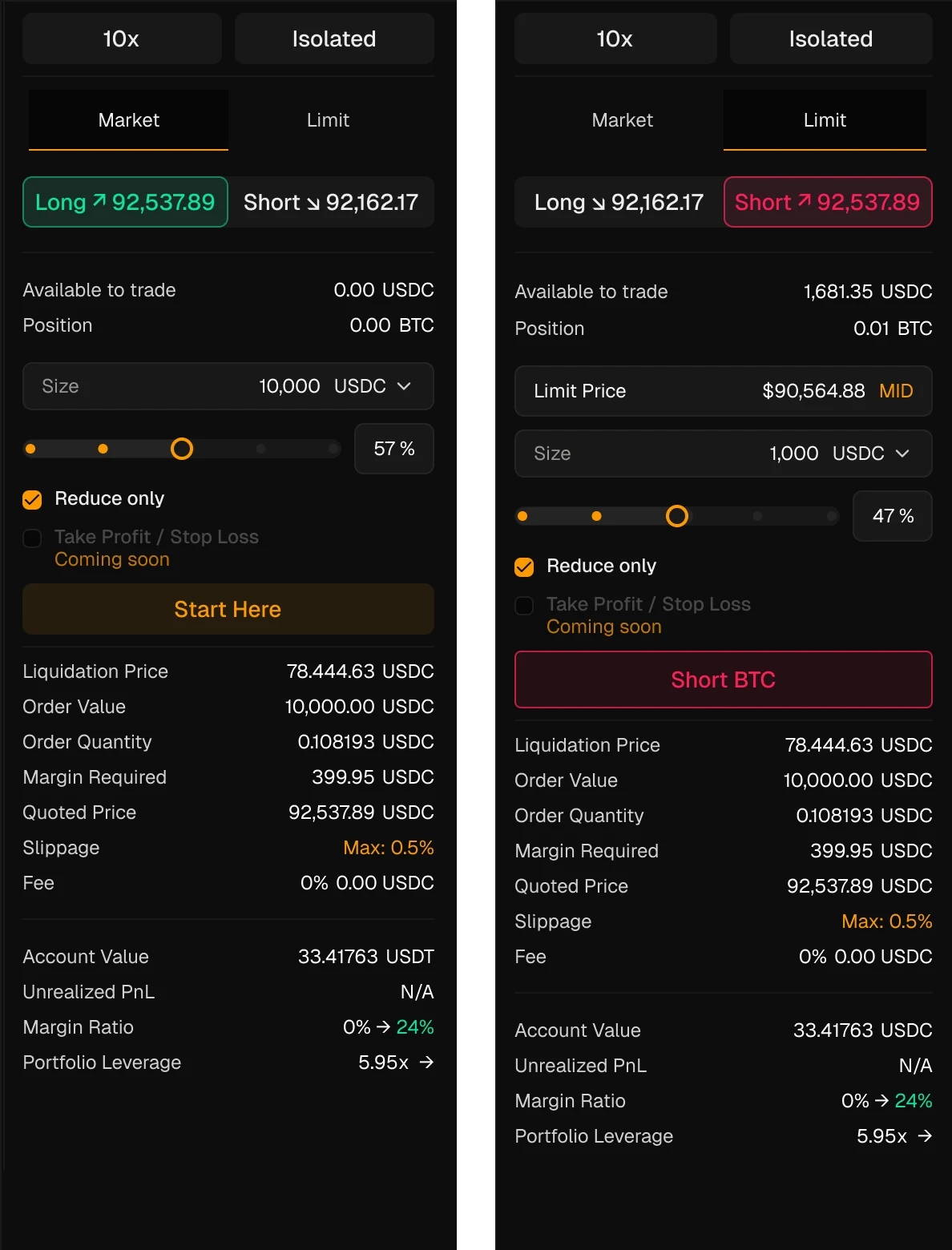 The trade ticket in two states: market order and limit order with full order summary