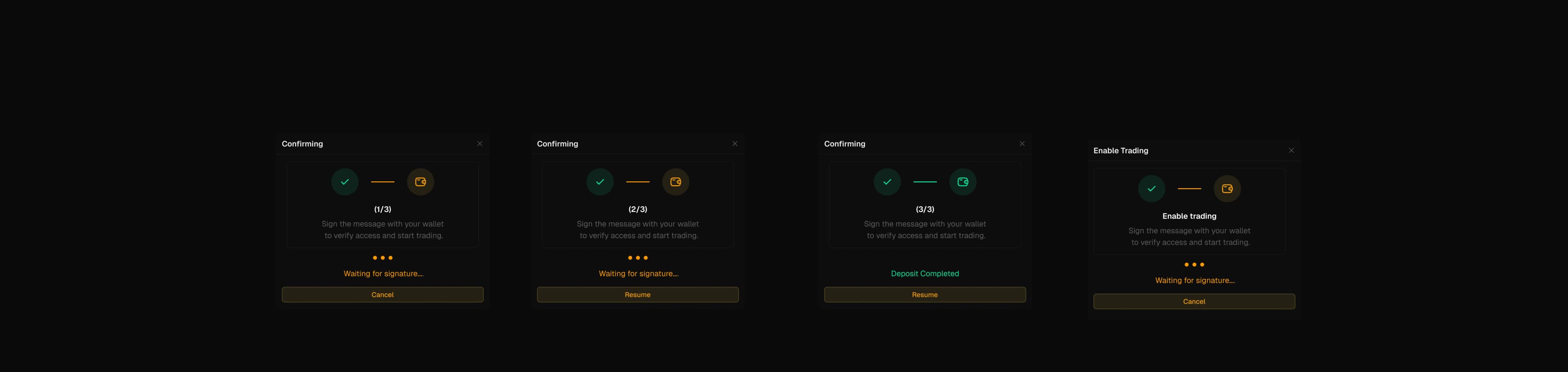 Deposit modal states: confirming steps one to three, paused and resumable, deposit completed
