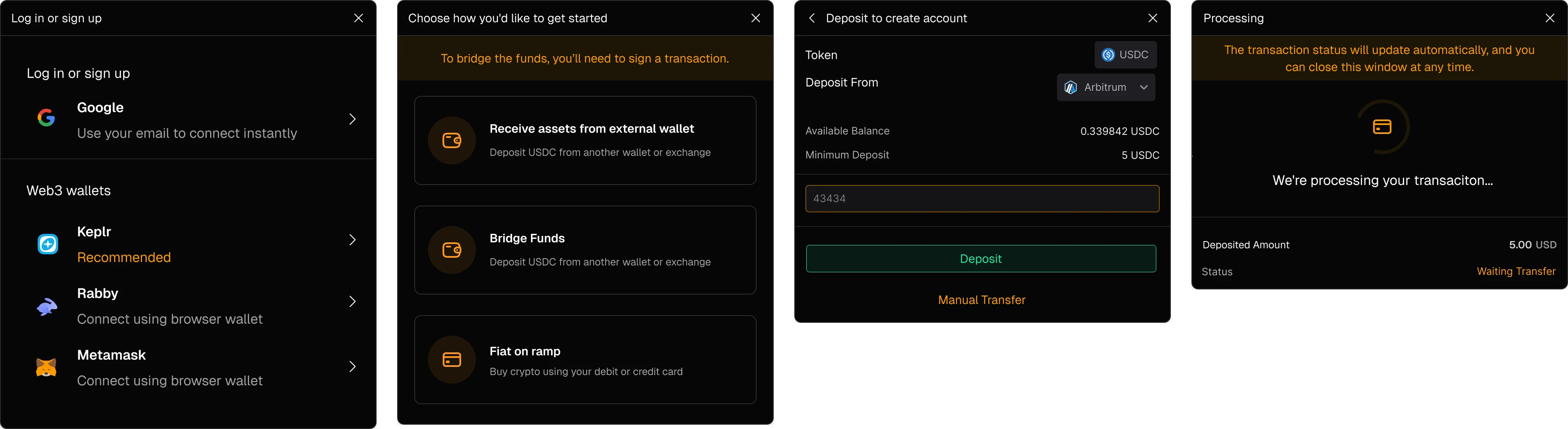 Wallet session flow: log in or sign up, choose how to get started, deposit to create account, processing