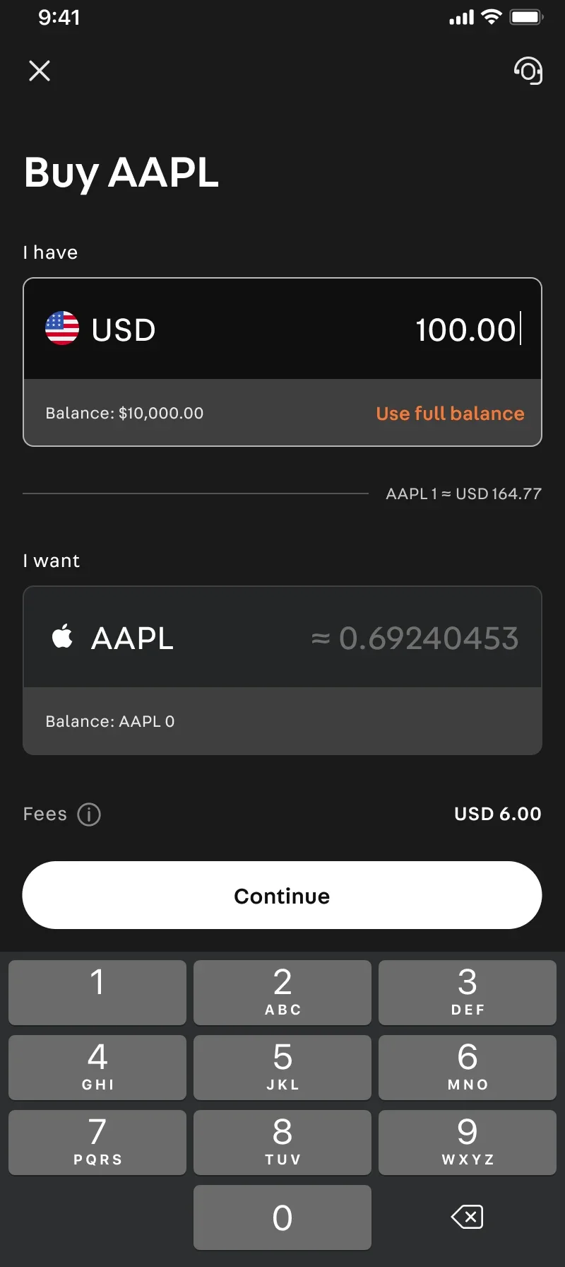Buy AAPL amount entry: 100 US dollars converts to a fractional 0.69 share with fees shown