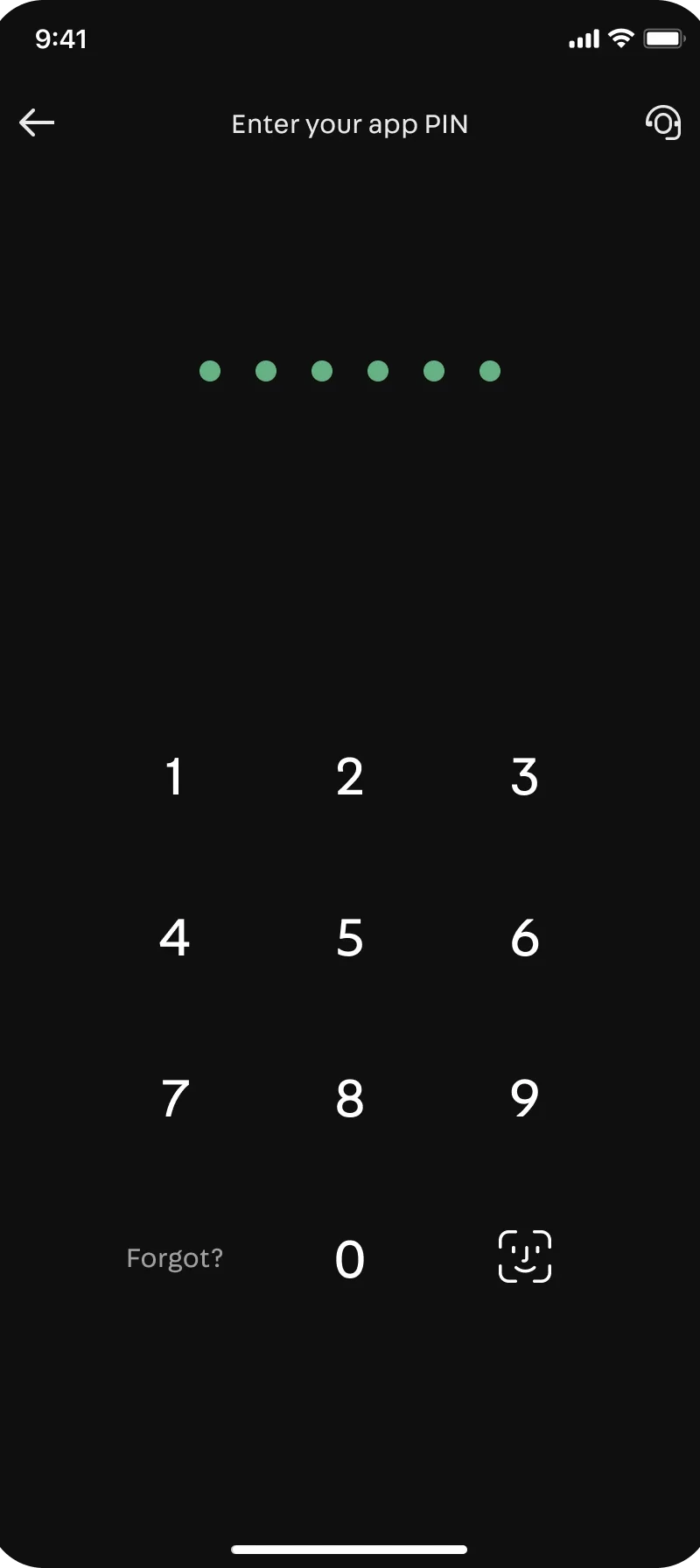 PIN confirmation screen: six filled PIN dots above a numeric keypad