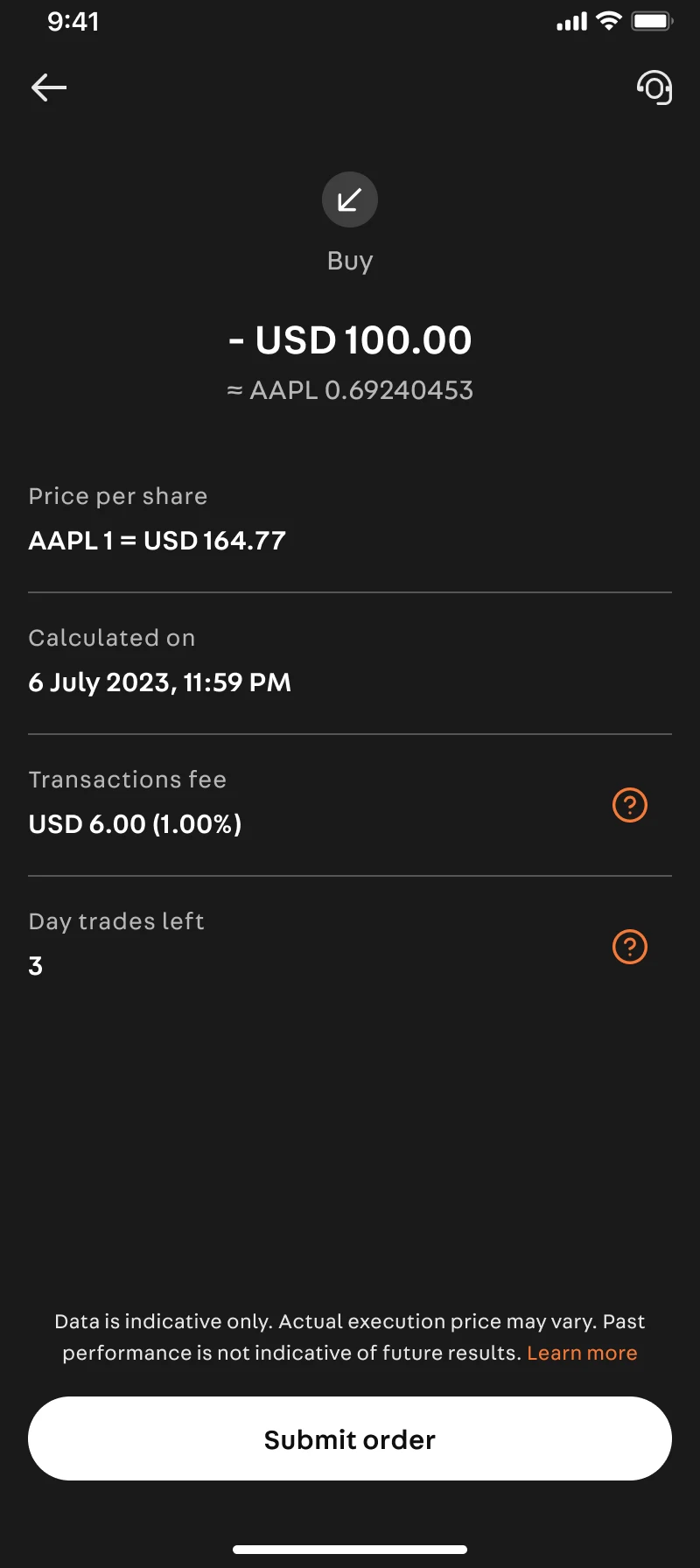 Order review screen: full order summary with price, transaction fee and total before submitting