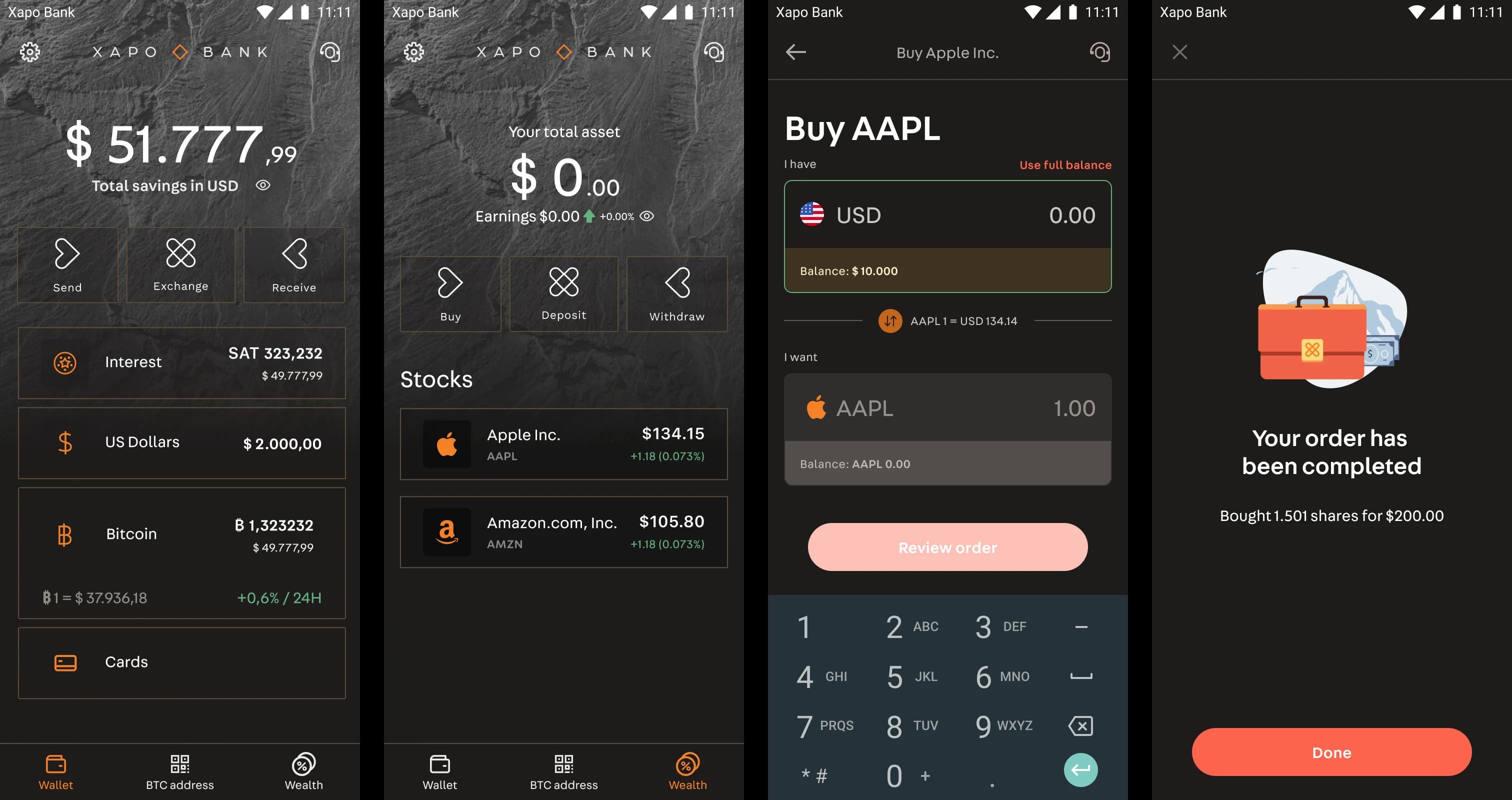 The Android POC: wallet with Wealth tab, stocks list, buy ticket and order completed