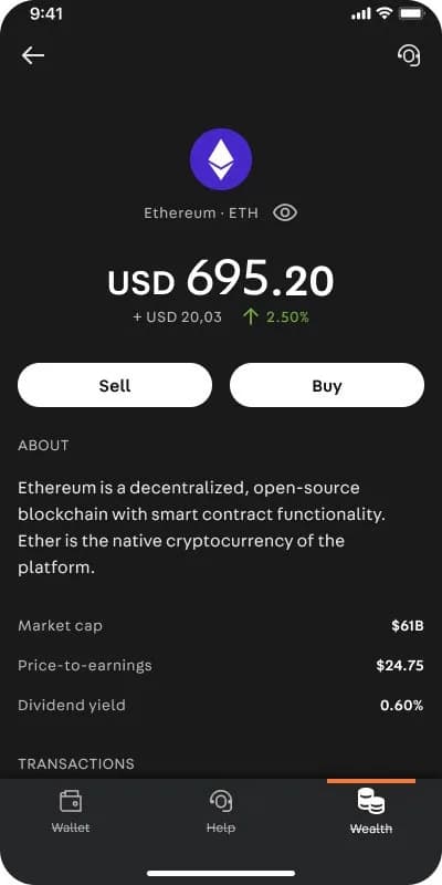 Xapo Wealth: Ethereum asset detail with sell and buy actions