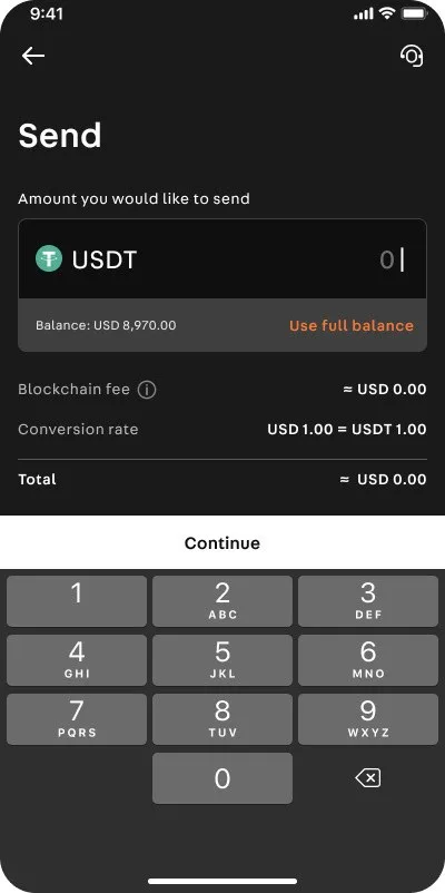Xapo Wealth: USDT send flow, amount entry with balance and fees visible
