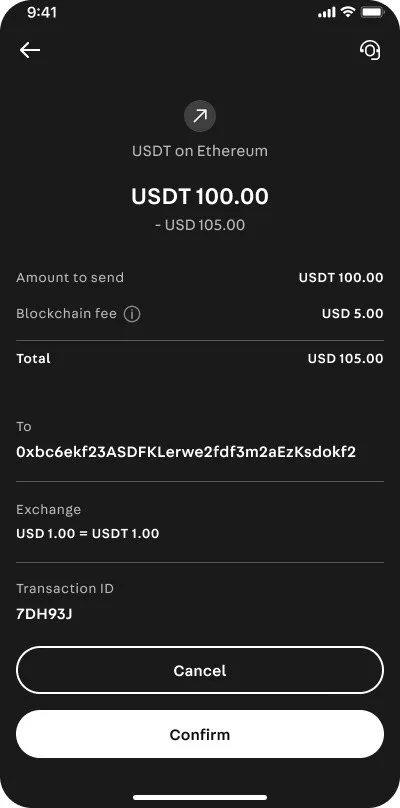 Xapo Wealth: USDT send flow, full-cost confirmation before sending