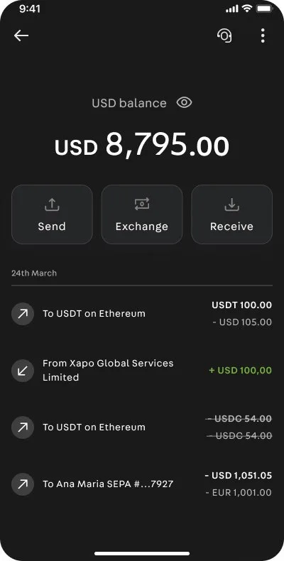 Xapo Wealth: USD account with USDT transfers in and out of the regulated wallet